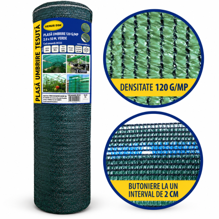 Plasa umbrire 120 g/mp, 2 x 50 m, verde